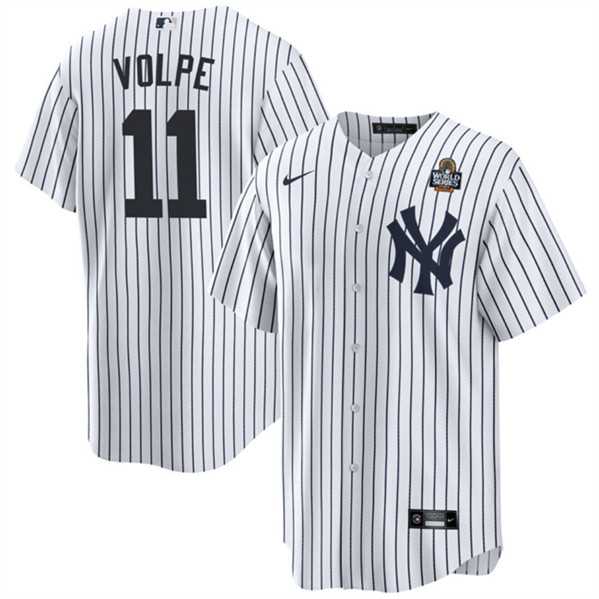 Mens New York Yankees #11 Anthony Volpe White 2024 World Series With Name Cool Base Stitched Jersey Dzhi